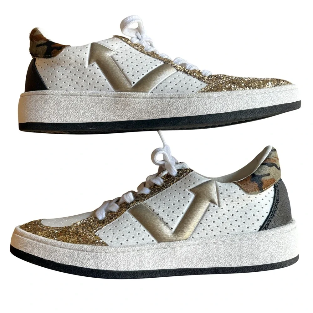 $120 VINTAGE HAVANA Gold Glitter Calf Hair Sneakers Camo Tennis‎ Shoe SIZE 8 EUC